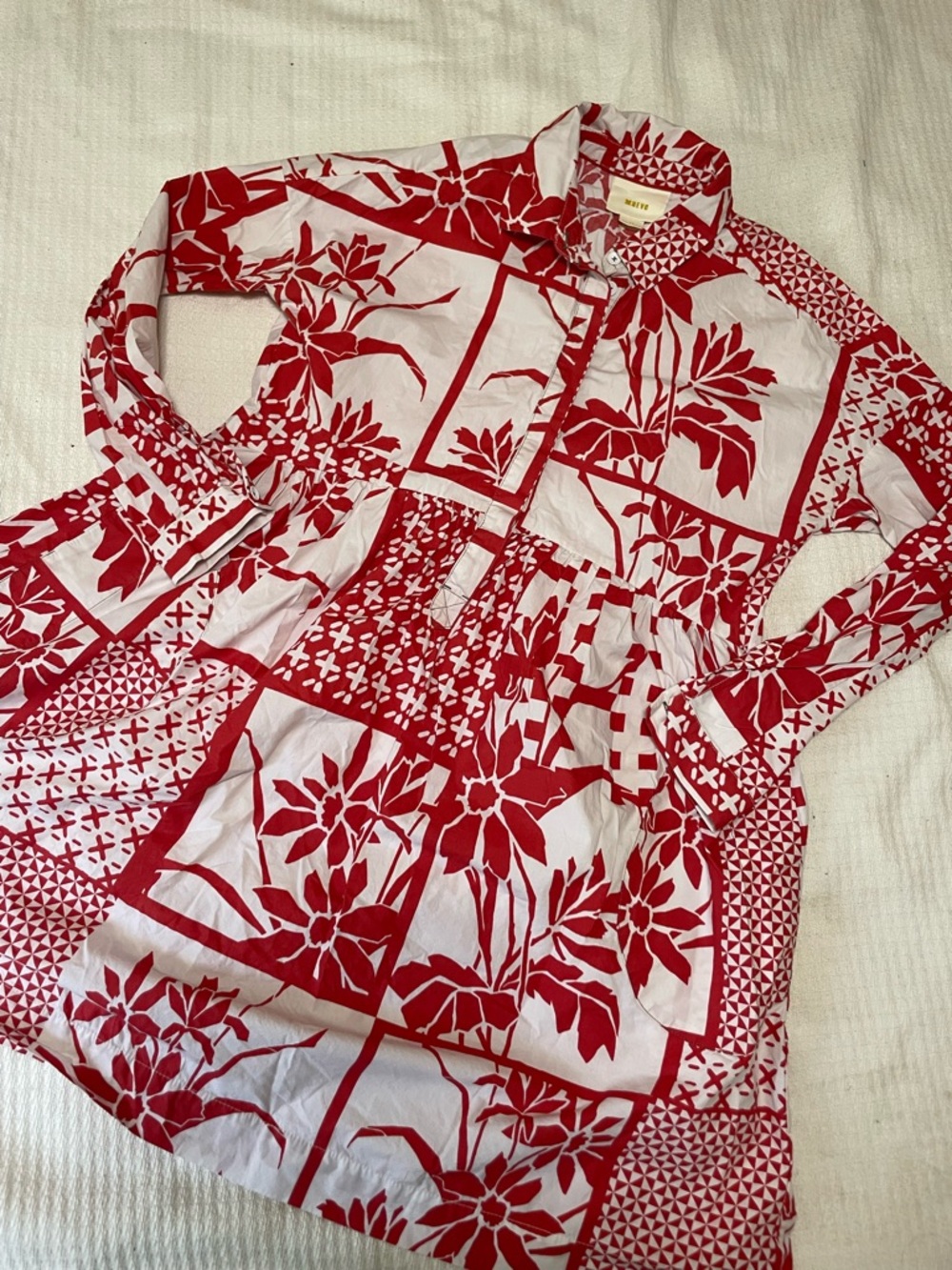 Maeve Anthropologie Printmaker Poplin Shirt Dress Patchwork Coral Ivory Size XS
